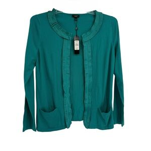 Talbots Cardigan Sweater Womens Size L Cotton Green NWT Ruffle Trim Open Front